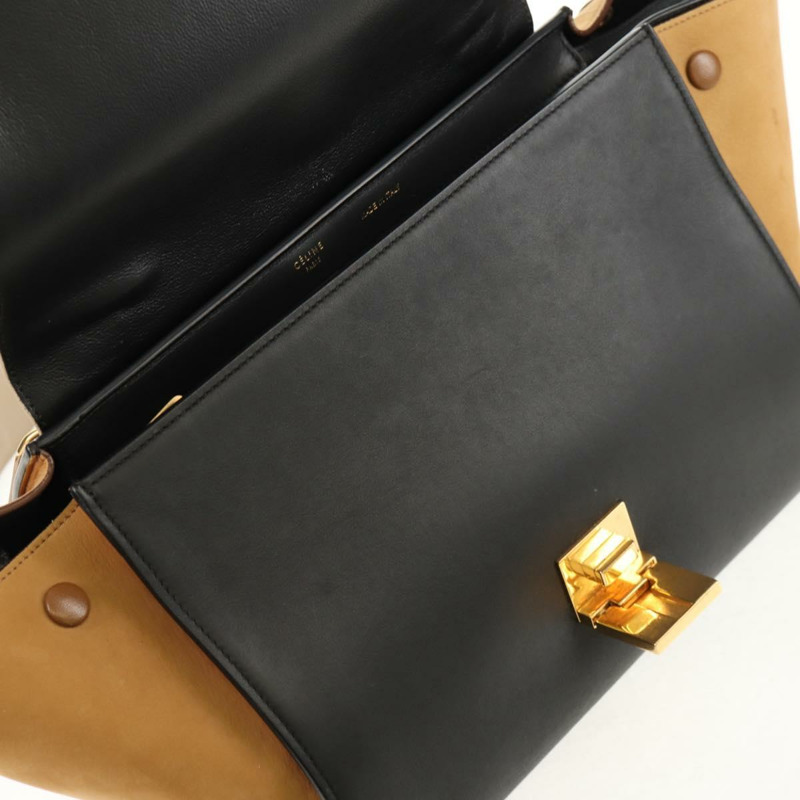 【日本直送】CELINE Trapeze 手提包 皮革絨面革 2way 米色 黑色 金色 Auth BA7053-23