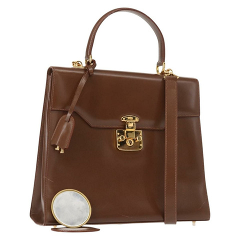 GUCCI Ready lock 手提包 皮革 2way 棕色金色 000 2110 0192 Auth ep11362