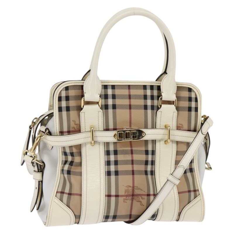 【日本直送】BURBERRY Nova 格紋手提包 PVC 皮革 2way 米色 金色 Auth 147477-0