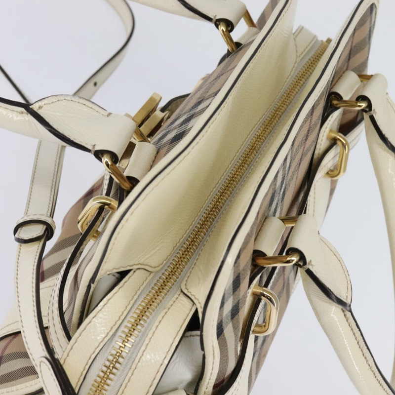 【日本直送】BURBERRY Nova 格紋手提包 PVC 皮革 2way 米色 金色 Auth 147477-5