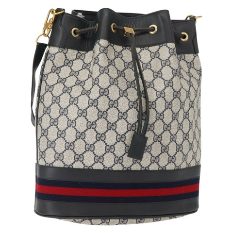 GUCCI GG Supreme Sherry Line 單肩包 PVC 海軍藍 金色 正品 148035