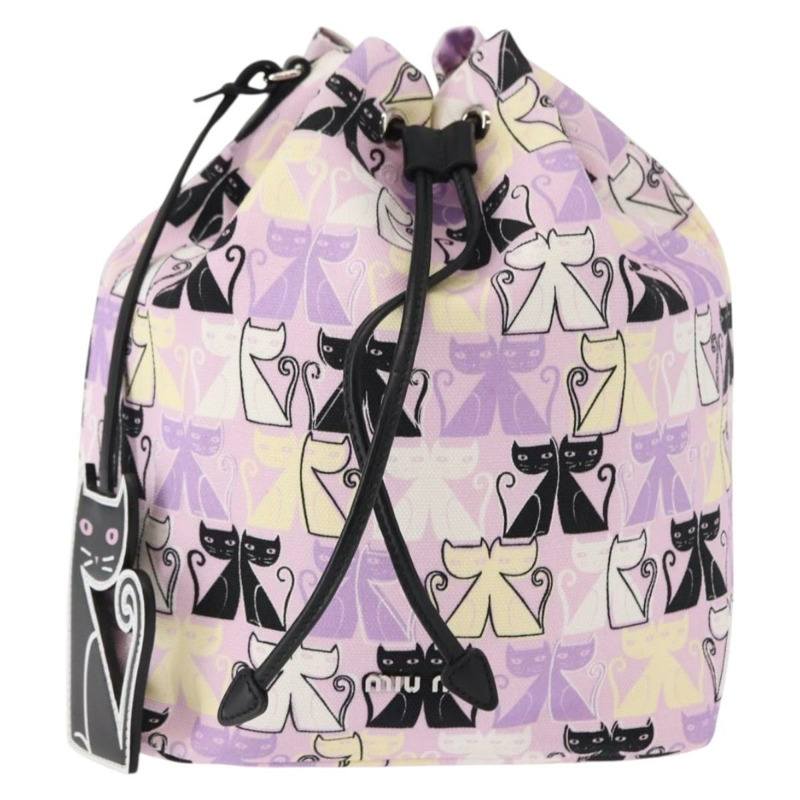 【日本直送】Miu Miu Madras Cat 抽繩帆布粉紅銀色手袋 Auth bs30224-12