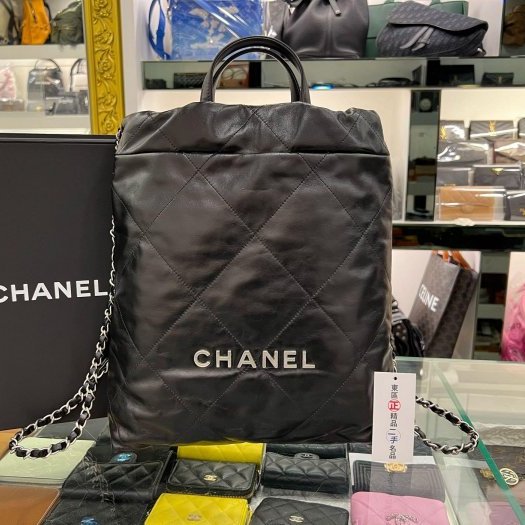 東區正精品㊣CHANEL 22 AS3313 黑色小牛皮霧銀鍊束口手提包雙肩後背包 RZ6019-0
