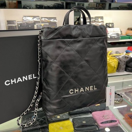 東區正精品㊣CHANEL 22 AS3313 黑色小牛皮霧銀鍊束口手提包雙肩後背包 RZ6019-1