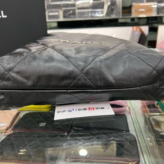 東區正精品㊣CHANEL 22 AS3313 黑色小牛皮霧銀鍊束口手提包雙肩後背包 RZ6019-3