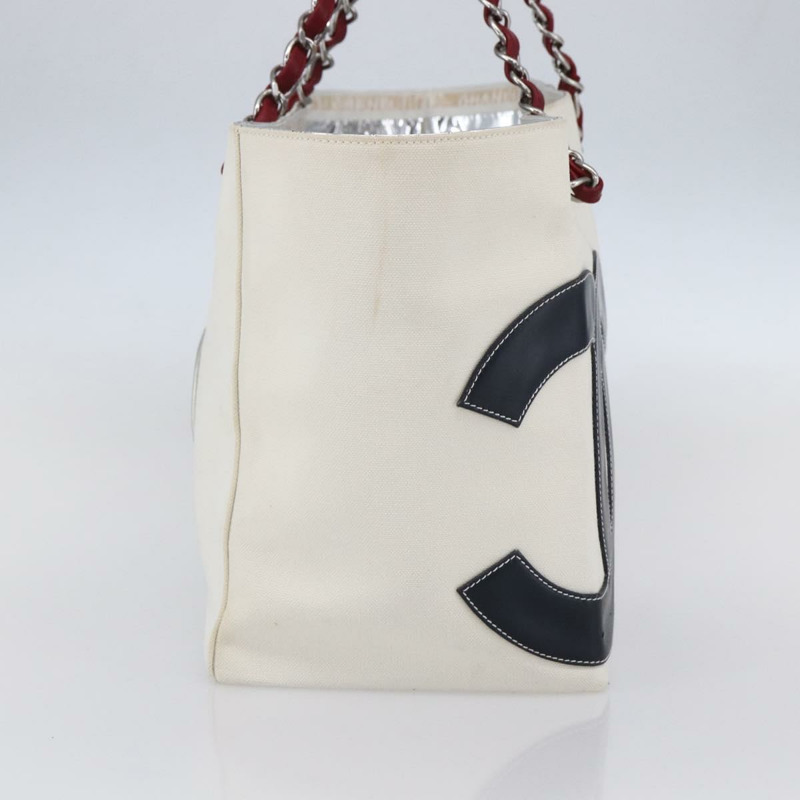 【日本直送】香奈兒 Choco Bar 鏈條單背包 No5 帆布象牙白銀色 CC Auth 149068-2