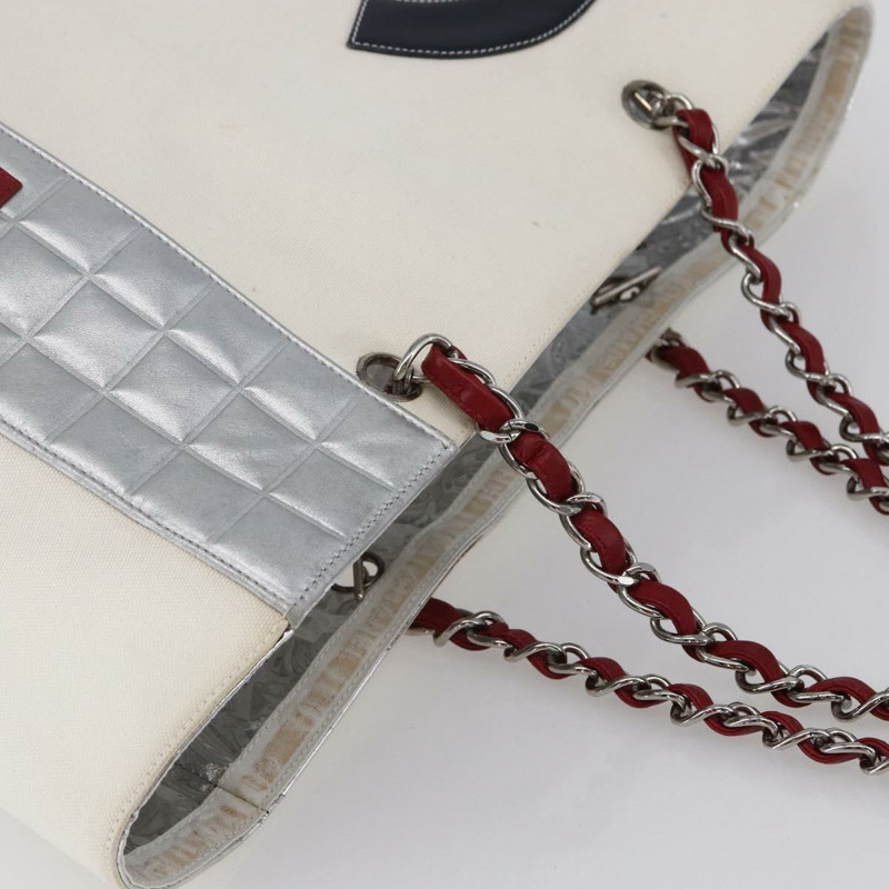 【日本直送】香奈兒 Choco Bar 鏈條單背包 No5 帆布象牙白銀色 CC Auth 149068-5