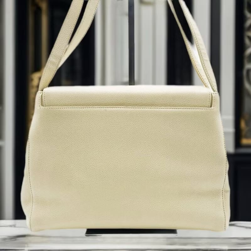 【LA LUNE】稀有中古二手Chanel米白色魚子醬皮革凱莉單肩托特包側揹背孭手袋-1