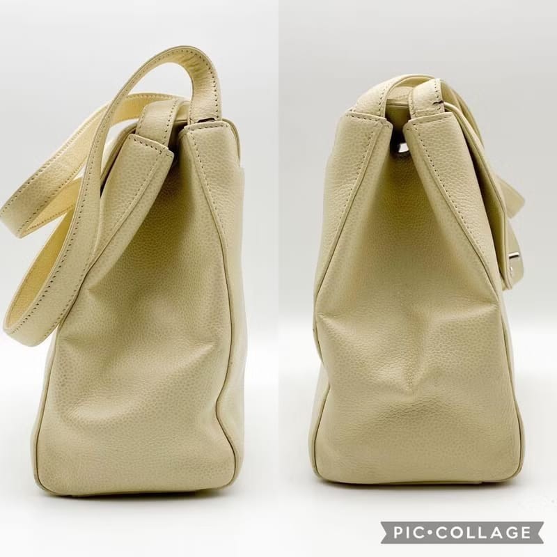 【LA LUNE】稀有中古二手Chanel米白色魚子醬皮革凱莉單肩托特包側揹背孭手袋-4