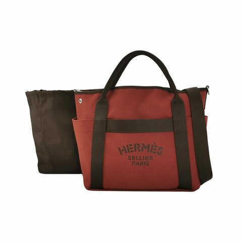 Hermes Groom徽標斜挎包單肩包帆布銀扣55愛馬仕紅47巧克力色B刻