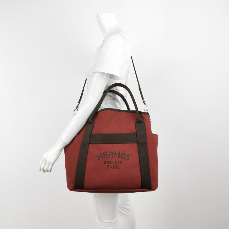 Hermes Groom徽標斜挎包單肩包帆布銀扣55愛馬仕紅47巧克力色B刻-1