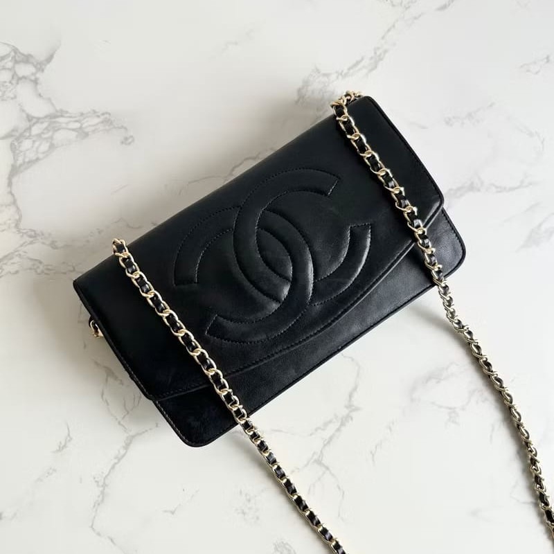 【LA LUNE】稀有中古包 Chanel黑色羊皮皮革WOC斜背包 長夾 單肩包 側背包-0