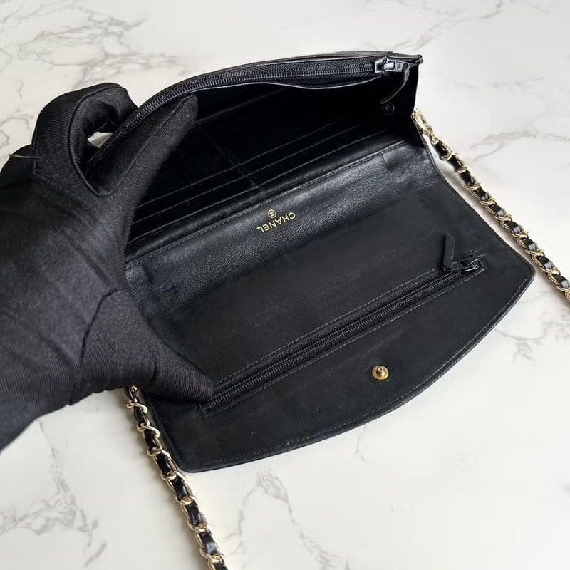 【LA LUNE】稀有中古包 Chanel黑色羊皮皮革WOC斜背包 長夾 單肩包 側背包-8