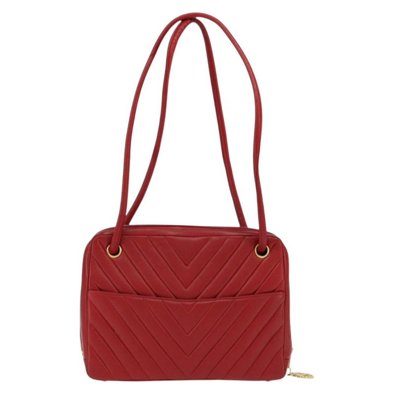 【日本直送】香奈兒 V 字縫線單肩包 羊皮 紅色 金色 CC 標誌 Auth bs30476-1