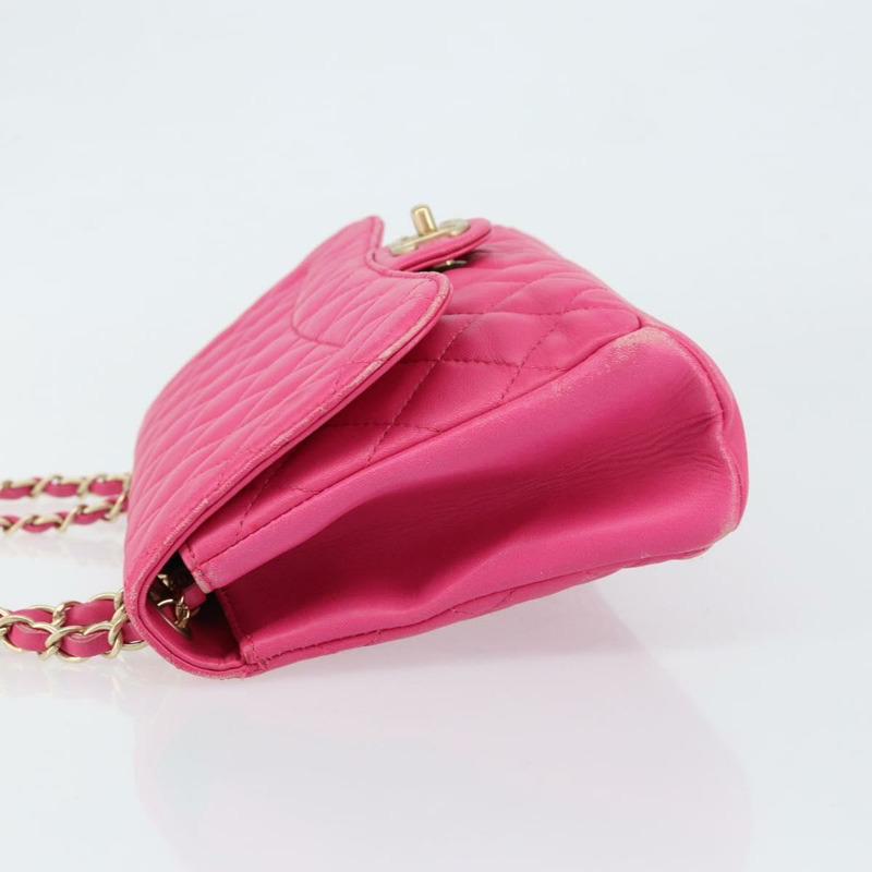 【日本直送】香奈兒迷你絎縫鏈單肩包 羊皮 粉紅色 金色 CC 標誌 Auth 150617-4