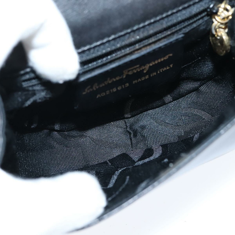 【日本直送】Salvatore Ferragamo Gancini 鏈條單肩包，黑色皮革，金色，正品，貨號 151140-16