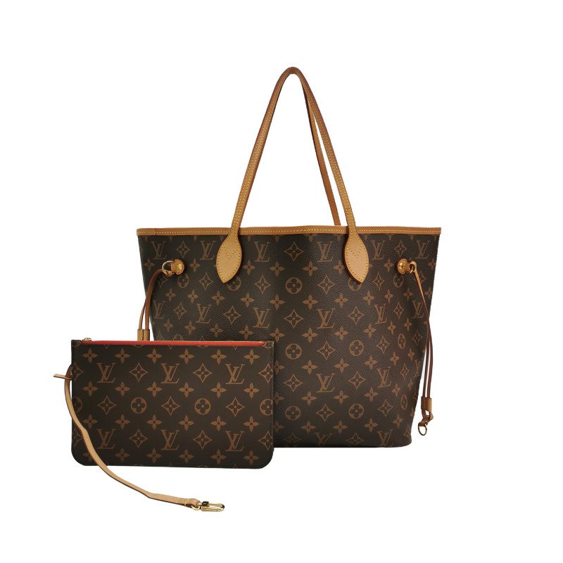 Louis Vuitton (LV) Neverfull 中號 植鞣革Monogram印花束帶子母包單肩包 芯片款-0