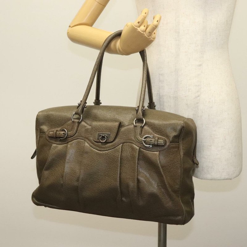 【日本直送】Salvatore Ferragamo Gancini 手提包 皮革 卡其色 銀色 正品 140186-20