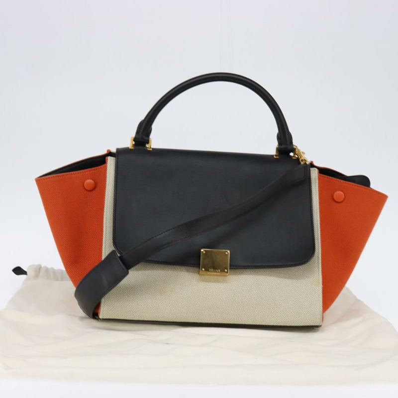 【日本直送】CELINE Trapeze 手提包 皮革帆布 2way 米色 黑色 橙色 Auth 142841-11