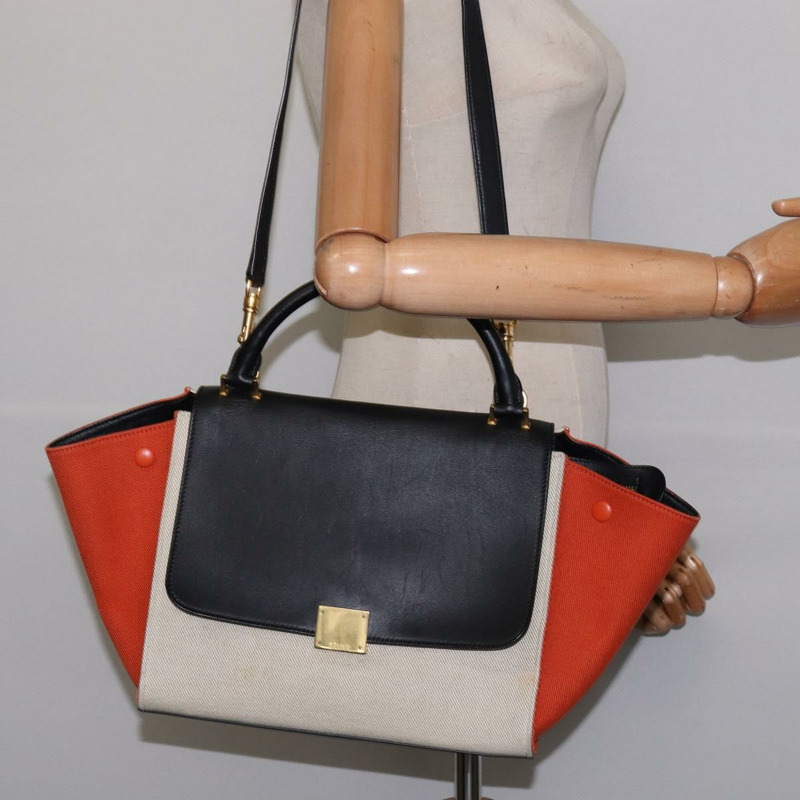 【日本直送】CELINE Trapeze 手提包 皮革帆布 2way 米色 黑色 橙色 Auth 142841-24