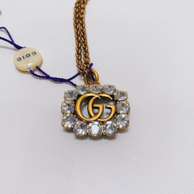 Gucci古馳雙Ｇ水鑽做舊復古項鍊毛衣鏈長49cm-0