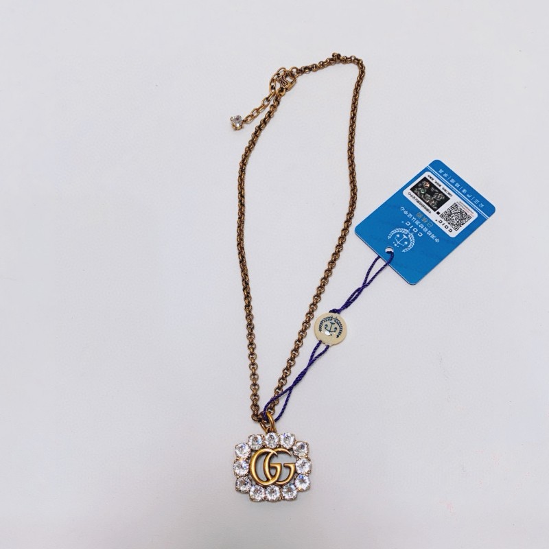 Gucci古馳雙Ｇ水鑽做舊復古項鍊毛衣鏈長49cm-1