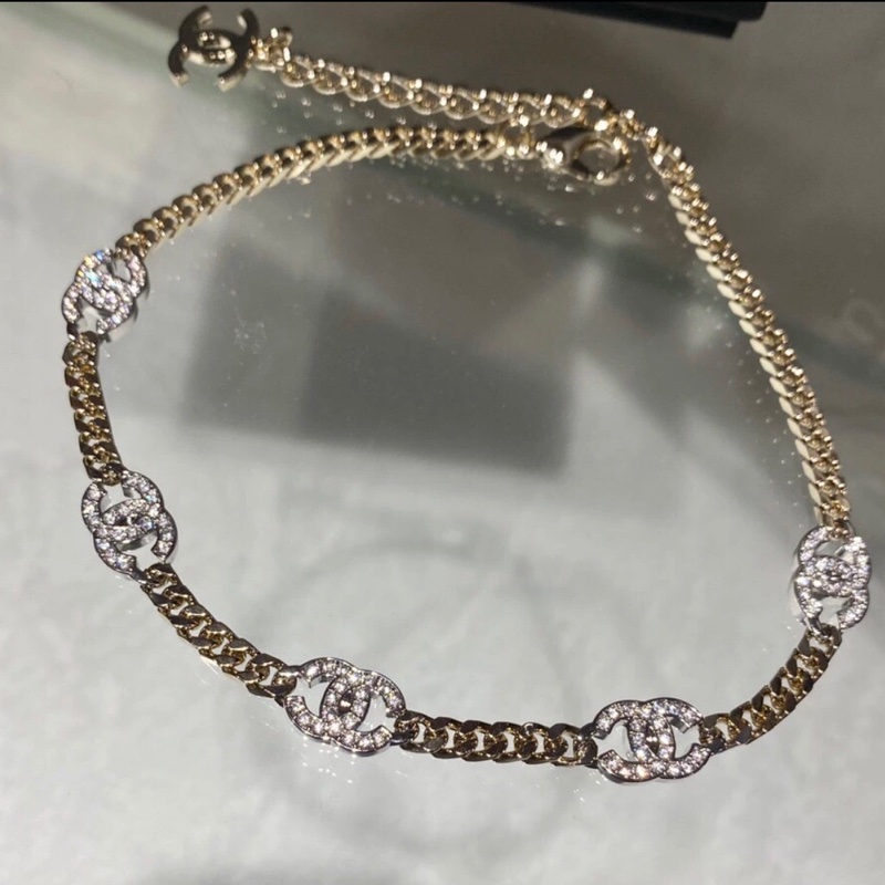 Chanel 淡金色 水鑽Logo 五花頸鏈 項鏈 choker-1