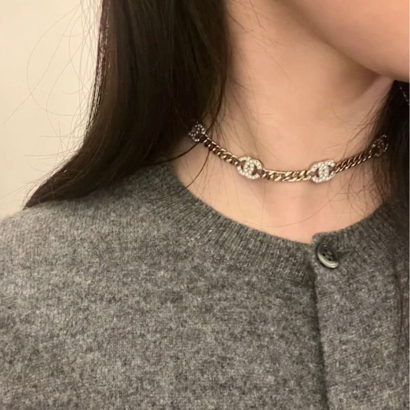 Chanel 淡金色 水鑽Logo 五花頸鏈 項鏈 choker-3