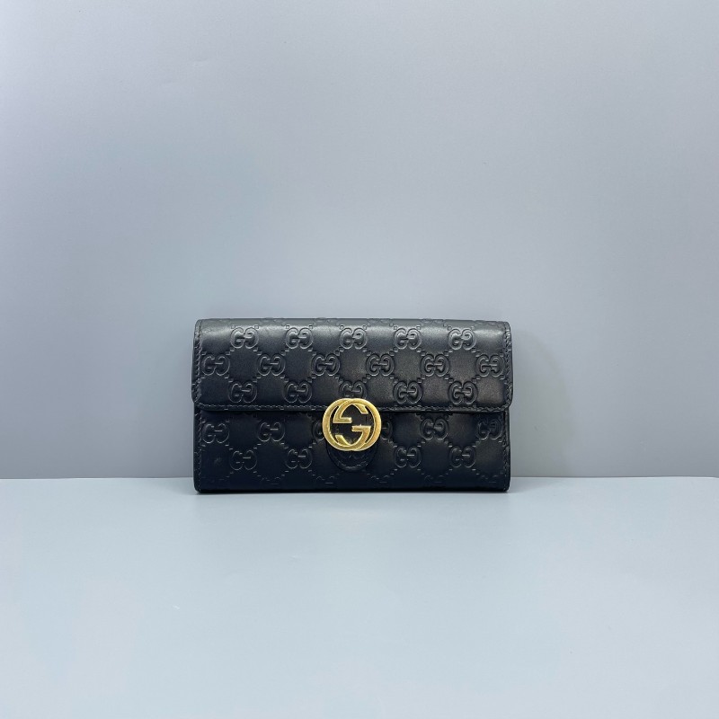 Gucci古馳全皮壓花長款錢包黑金色-0