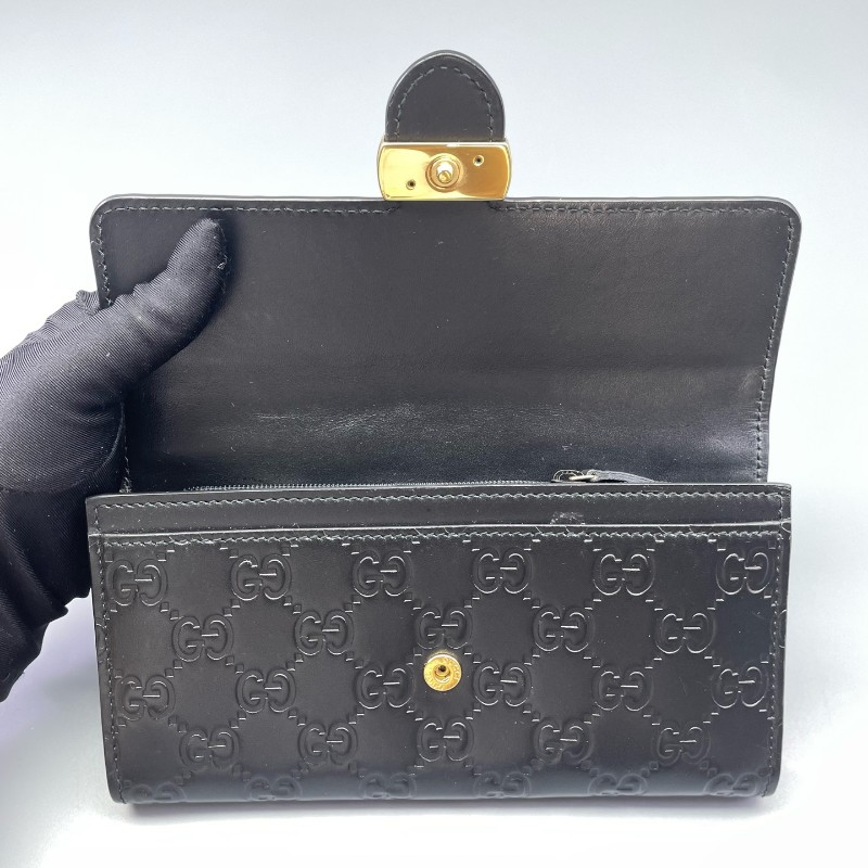 Gucci古馳全皮壓花長款錢包黑金色-4