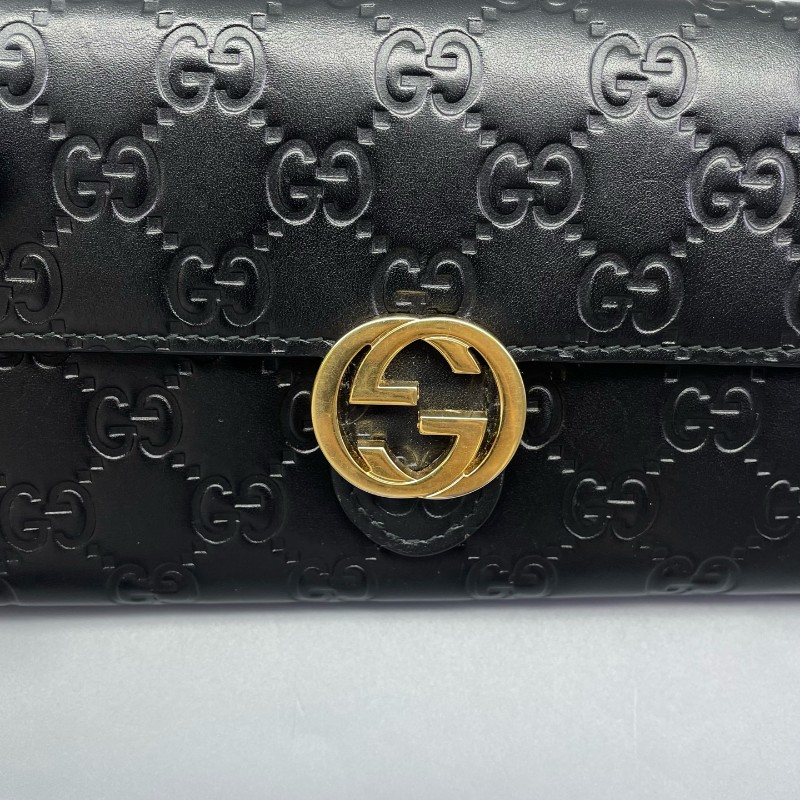 Gucci古馳全皮壓花長款錢包黑金色-5