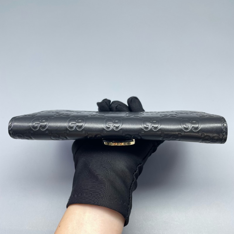Gucci古馳全皮壓花長款錢包黑金色-11