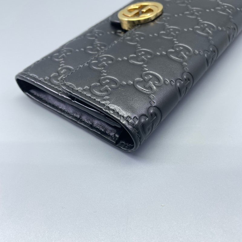 Gucci古馳全皮壓花長款錢包黑金色-12
