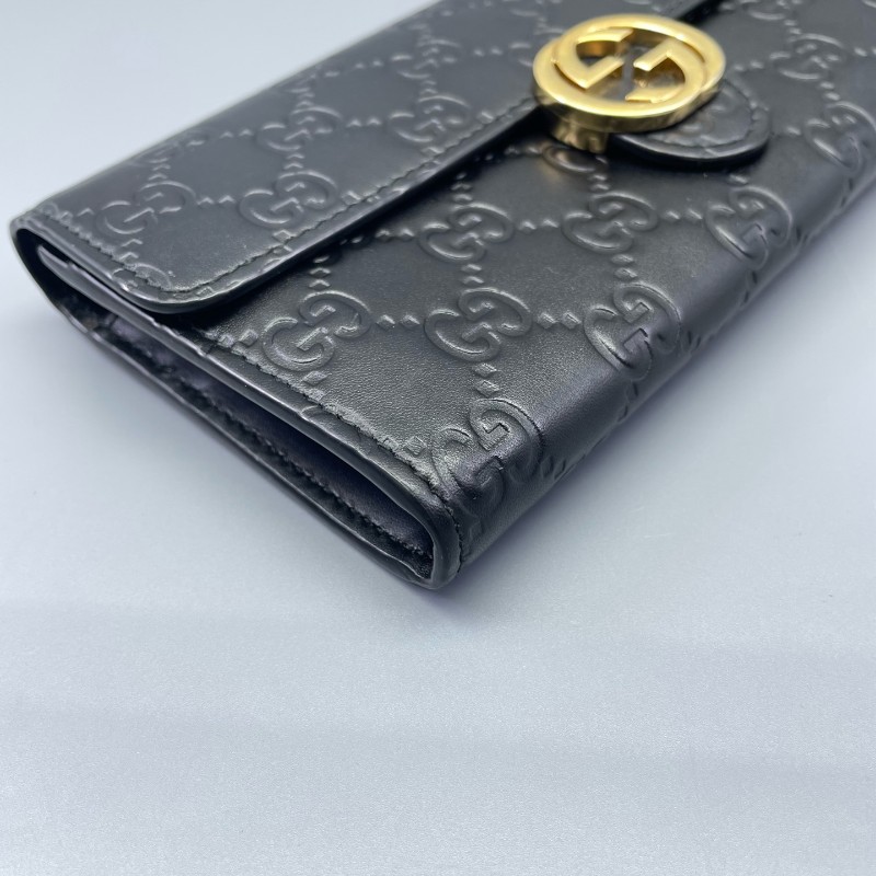 Gucci古馳全皮壓花長款錢包黑金色-13