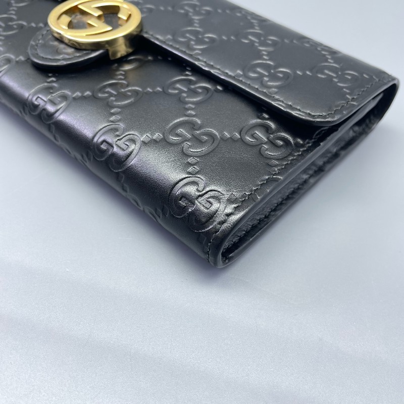 Gucci古馳全皮壓花長款錢包黑金色-14