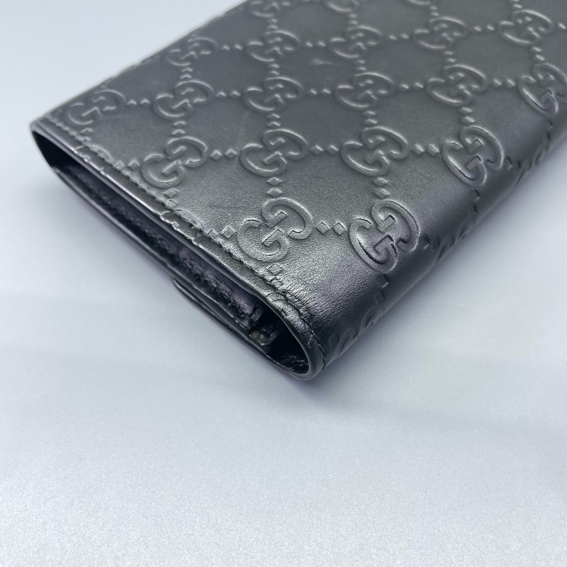 Gucci古馳全皮壓花長款錢包黑金色-15