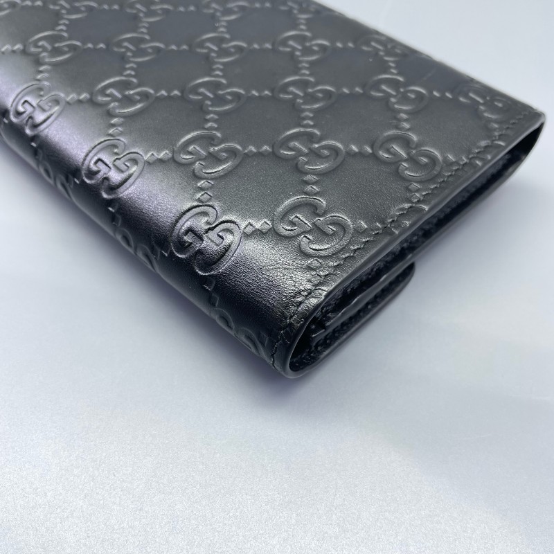 Gucci古馳全皮壓花長款錢包黑金色-16