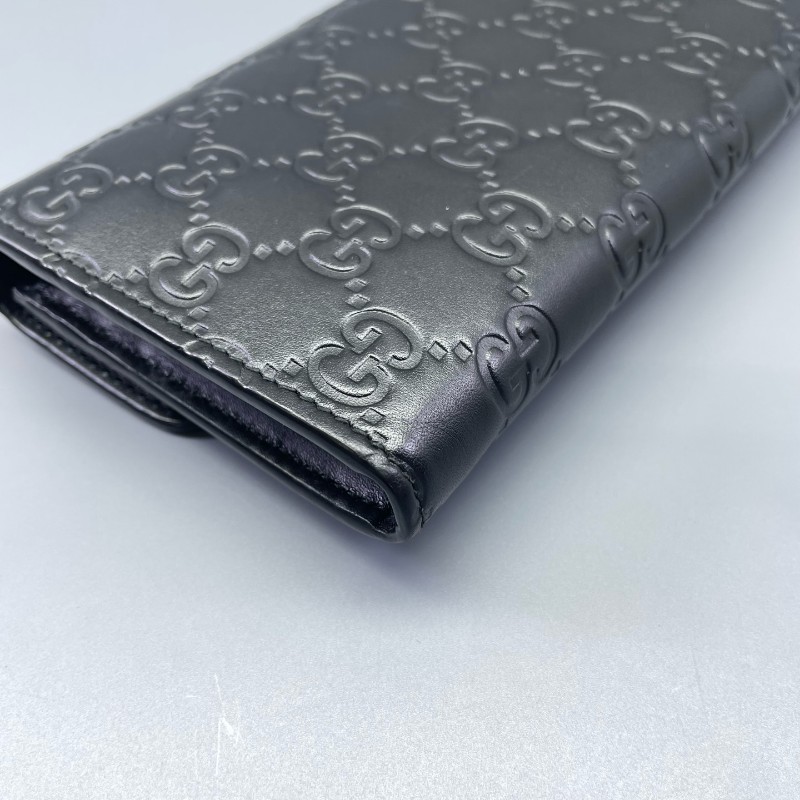 Gucci古馳全皮壓花長款錢包黑金色-17