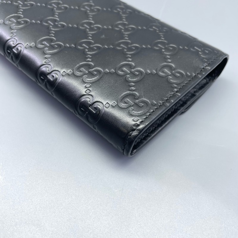 Gucci古馳全皮壓花長款錢包黑金色-18