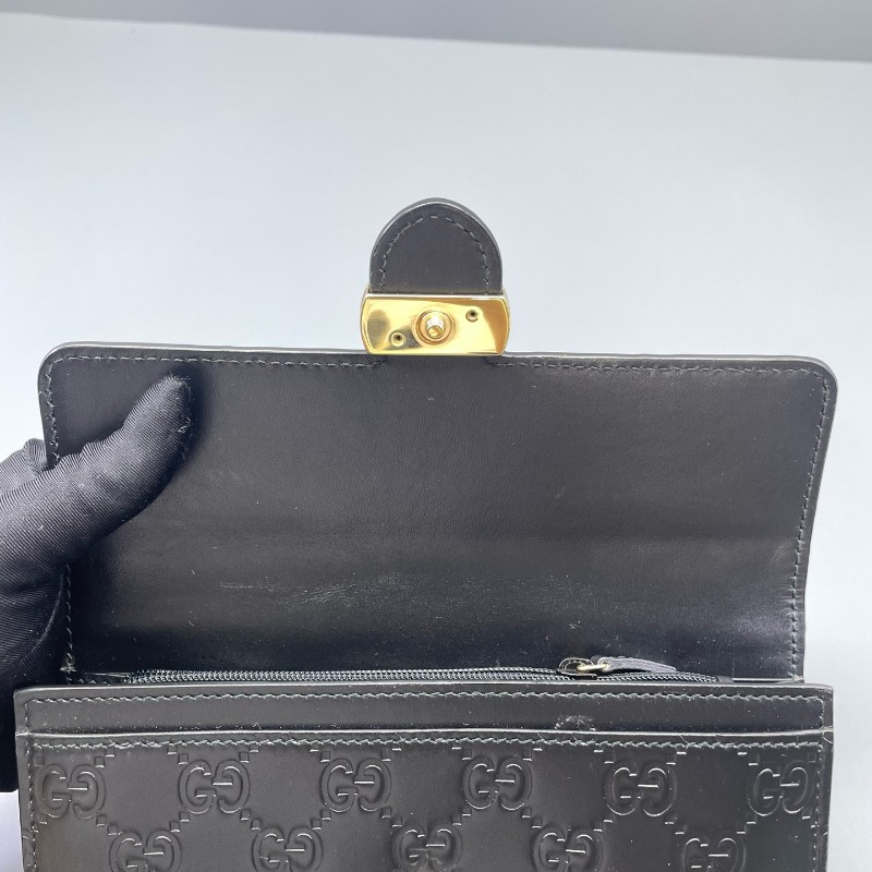 Gucci古馳全皮壓花長款錢包黑金色-19