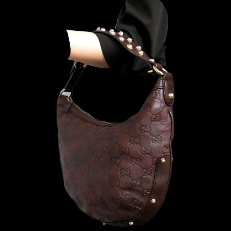 降價！GUCCI 咖啡色 GUCCISSIMA biba bag small皮革壓紋手提包 型號159773-1