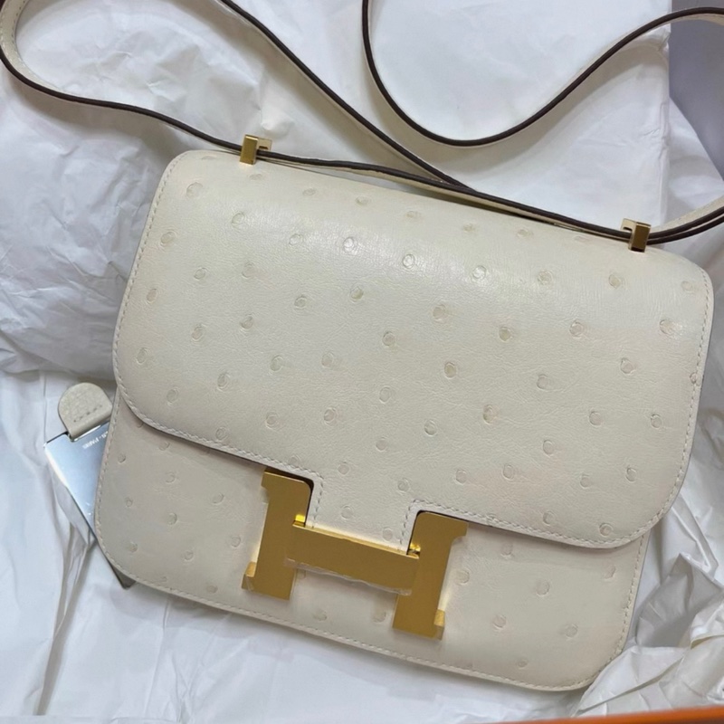Hermes mini Constance 19 奶油白 鴕鳥皮 金扣 W刻 單肩包 鏡子也在 內里乾淨-0