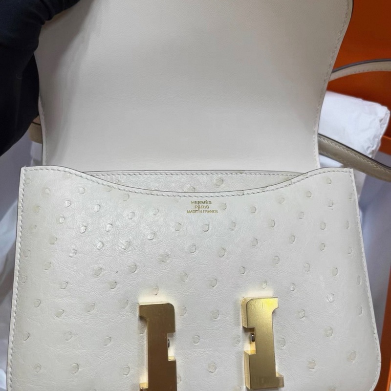 Hermes mini Constance 19 奶油白 鴕鳥皮 金扣 W刻 單肩包 鏡子也在 內里乾淨-5