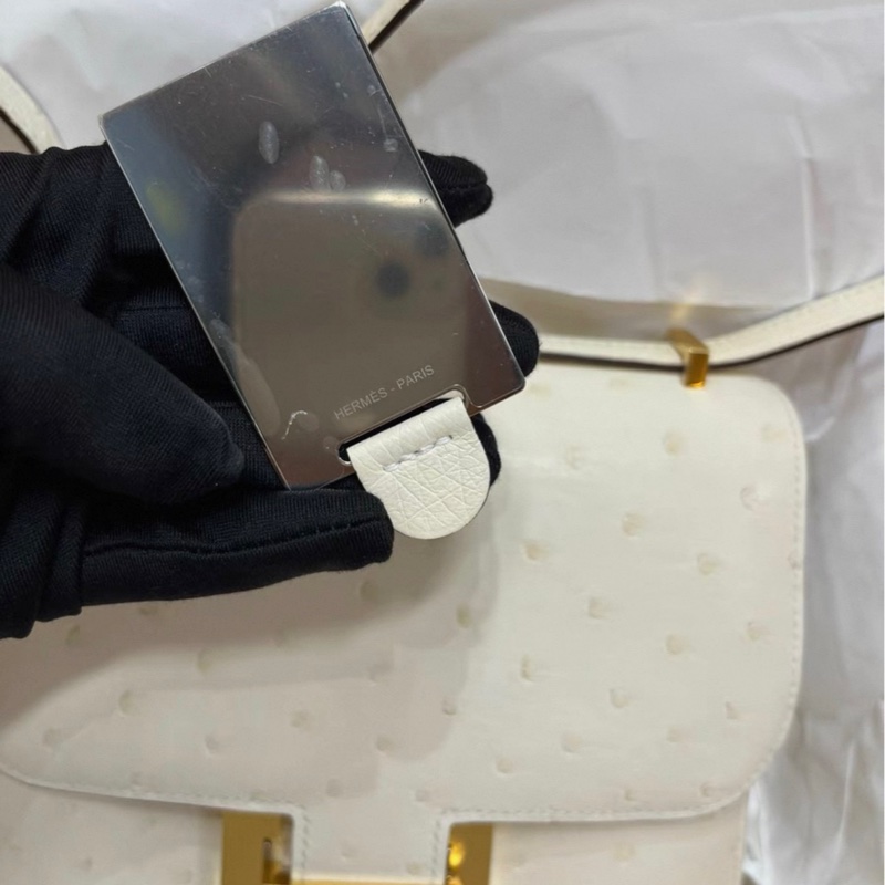 Hermes mini Constance 19 奶油白 鴕鳥皮 金扣 W刻 單肩包 鏡子也在 內里乾淨-8