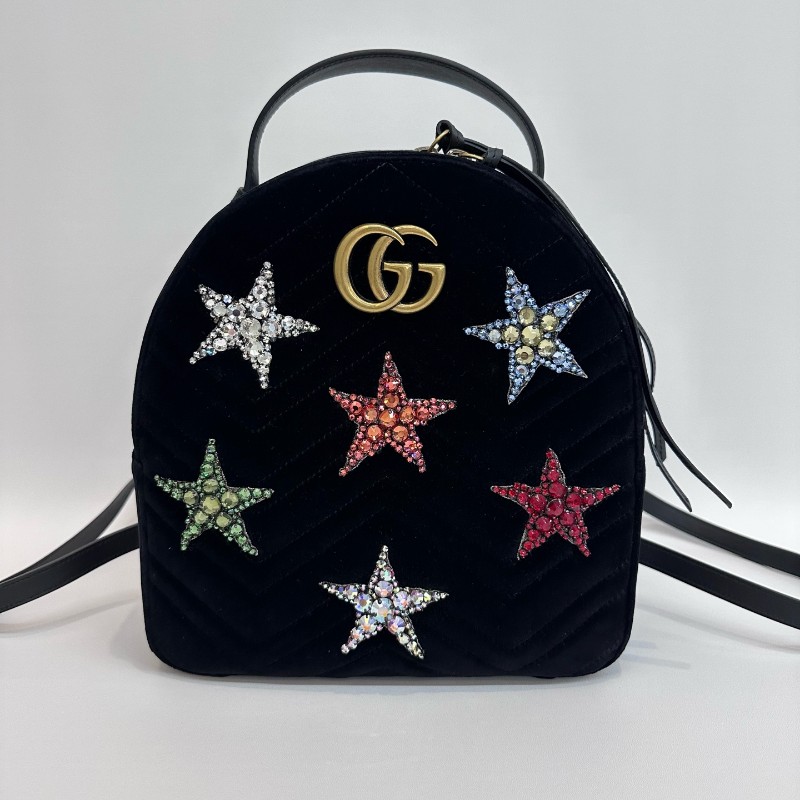 Gucci/古馳馬蒙黑金絲絨V紋星星鑽裝飾雙肩包 底長24cm寬9cm高25cm-0