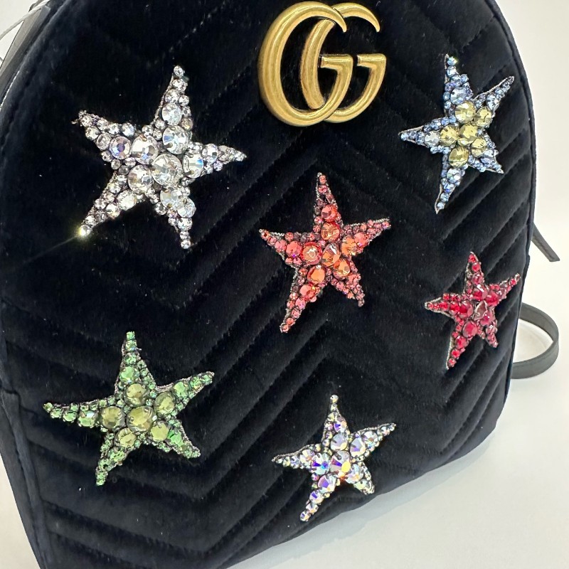 Gucci/古馳馬蒙黑金絲絨V紋星星鑽裝飾雙肩包 底長24cm寬9cm高25cm-7