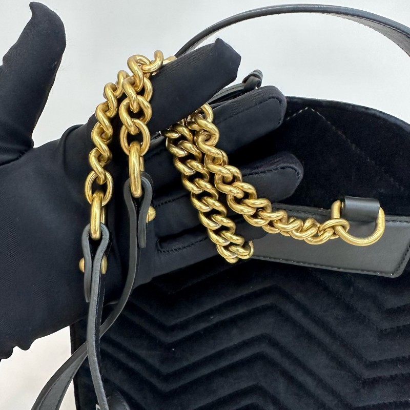 Gucci/古馳馬蒙黑金絲絨V紋星星鑽裝飾雙肩包 底長24cm寬9cm高25cm-8