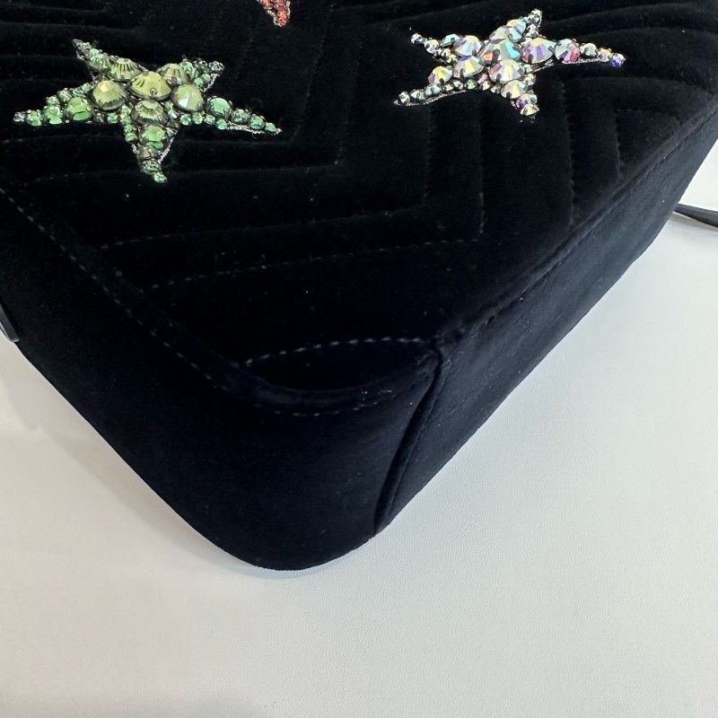 Gucci/古馳馬蒙黑金絲絨V紋星星鑽裝飾雙肩包 底長24cm寬9cm高25cm-9