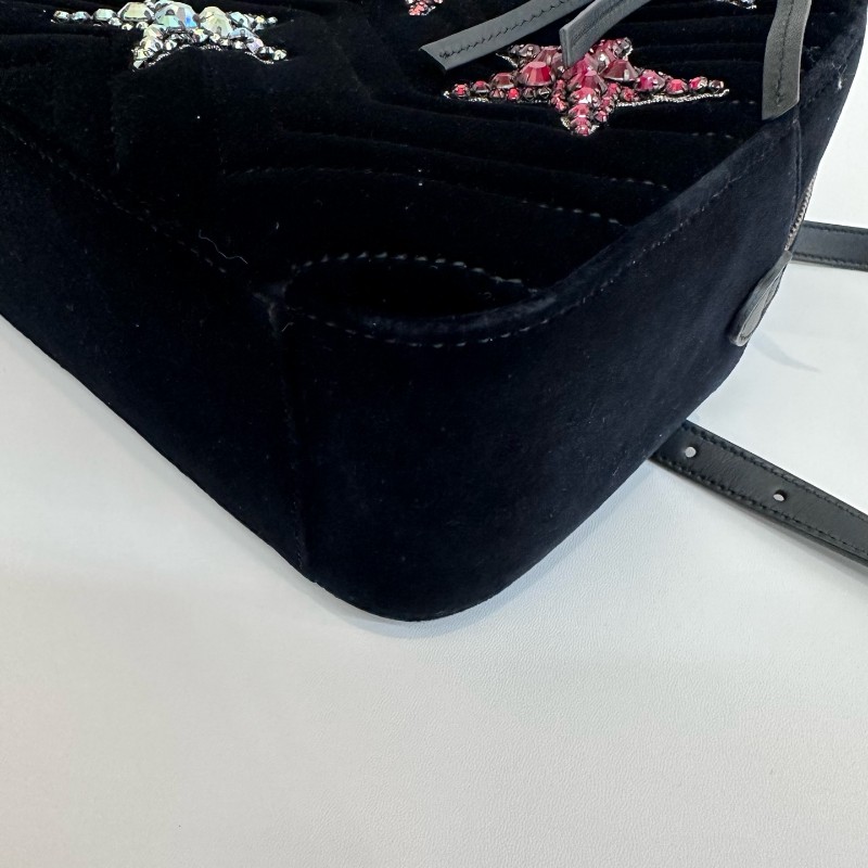 Gucci/古馳馬蒙黑金絲絨V紋星星鑽裝飾雙肩包 底長24cm寬9cm高25cm-10