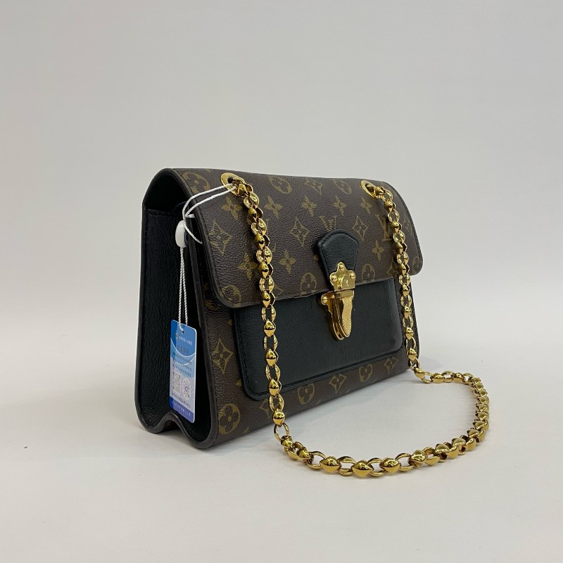 Louis Vuitton/路易威登老花拼黑色配皮維多利亞鏈條單肩斜挎包。-2